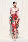 Mandira Wirk Resort_Red Crepe Satin One Shoulder Printed Top And Skirt Set _Online_at_Aza_Fashions