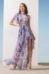 Buy_Mandira Wirk Resort_Blue Poly Chiffon Marbling Pattern Round Tie-up Print Asymmetric Dress _at_Aza_Fashions