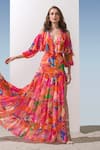 Buy_Mandira Wirk_Pink Chiffon Printed Abstract Pattern Plunge V Neck Tiered Gown _at_Aza_Fashions