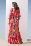 Mandira Wirk_Pink Chiffon Printed Abstract Pattern Plunge V Neck Tiered Gown _Online_at_Aza_Fashions