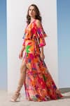 Buy_Mandira Wirk_Pink Chiffon Printed Abstract Pattern Plunge V Neck Tiered Gown _Online_at_Aza_Fashions