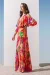 Shop_Mandira Wirk_Pink Chiffon Printed Abstract Pattern Plunge V Neck Tiered Gown _Online_at_Aza_Fashions