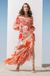 Buy_Mandira Wirk Resort_Coral Chiffon Pattern Sweetheart Neck Frill Hem Print Dress _at_Aza_Fashions