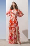 Buy_Mandira Wirk_Coral Chiffon Printed Pattern Plunge V Neck Tiered Dress _at_Aza_Fashions