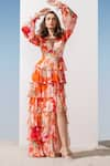 Buy_Mandira Wirk_Coral Chiffon Printed Pattern Plunge V Neck Tiered Dress _Online_at_Aza_Fashions