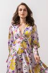 Shop Mandira Wirk Yellow Satin Floral Pattern Lapel Collar Print Dress Online at Aza Fashions Shop_Mandira Wirk_Yellow Satin Floral Pattern Lapel Collar Print Dress_Online_at_Aza_Fashions