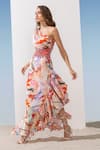 Buy_Mandira Wirk_Orange Satin Printed Floral Pattern One Shoulder Waterfall Bottom Gown _Online_at_Aza_Fashions