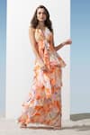 Buy_Mandira Wirk Resort_Orange Chiffon Floral Pattern Plunge V Neck Print Tiered Dress _at_Aza_Fashions