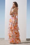 Mandira Wirk Resort_Orange Chiffon Floral Pattern Plunge V Neck Print Tiered Dress _Online_at_Aza_Fashions