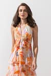 Shop_Mandira Wirk Resort_Orange Chiffon Floral Pattern Plunge V Neck Print Tiered Dress _at_Aza_Fashions