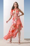 Buy_Mandira Wirk_Coral Chiffon Printed Pattern Round Tie-up Asymmetric Dress _at_Aza_Fashions