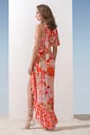 Mandira Wirk_Coral Chiffon Printed Pattern Round Tie-up Asymmetric Dress _Online_at_Aza_Fashions