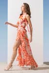 Buy_Mandira Wirk_Coral Chiffon Printed Pattern Round Tie-up Asymmetric Dress _Online_at_Aza_Fashions