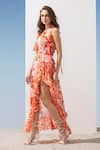 Shop_Mandira Wirk_Coral Chiffon Printed Pattern Round Tie-up Asymmetric Dress _Online_at_Aza_Fashions