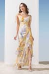 Buy_Mandira Wirk_Yellow Chiffon Printed Abstract Pattern One Shoulder Layered Bottom Gown _at_Aza_Fashions