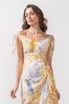 Shop_Mandira Wirk_Yellow Chiffon Printed Abstract Pattern One Shoulder Layered Bottom Gown _at_Aza_Fashions