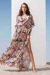 Buy_Mandira Wirk_Multi Color Satin Geometric Pattern V Cowl Neck Print Kaftan_at_Aza_Fashions