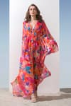 Buy_Mandira Wirk_Pink Chiffon Printed Floral Pattern V Neck Kaftan _at_Aza_Fashions