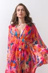 Shop_Mandira Wirk_Pink Chiffon Printed Floral Pattern V Neck Kaftan _at_Aza_Fashions