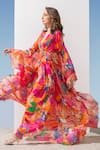 Buy_Mandira Wirk_Pink Chiffon Printed Floral Pattern V Neck Kaftan _Online_at_Aza_Fashions