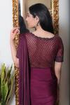 Shop_Devika Seth_Maroon Lycra Embroidery V Neck Pre-draped Saree Gown _at_Aza_Fashions