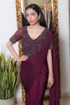 Devika Seth_Maroon Lycra Embroidery V Neck Pre-draped Saree Gown _Online_at_Aza_Fashions