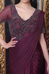 Buy_Devika Seth_Maroon Lycra Embroidery V Neck Pre-draped Saree Gown _Online_at_Aza_Fashions