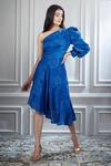 Shop Mandira Wirk - Indian Blue Asymmetric One Shoulder Printed Dress Online at Aza Fashions Shop_Mandira Wirk - Indian_Blue Asymmetric One Shoulder Printed Dress _Online_at_Aza_Fashions