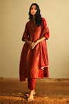 Buy_Shorshe Clothing_Red Handloom Tissue Embroidery Mandarin Collar Kurta And Pant Set _at_Aza_Fashions