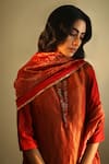 Buy_Shorshe Clothing_Red Handloom Tissue Embroidery Mandarin Collar Kurta And Pant Set _Online_at_Aza_Fashions