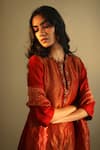 Shop_Shorshe Clothing_Red Handloom Tissue Embroidery Mandarin Collar Kurta And Pant Set _Online_at_Aza_Fashions