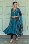 Buy_Myaara_Blue Anarkali Chanderi Blend, Dupatta Organza, Pants Tiered Asymmetric Set_at_Aza_Fashions
