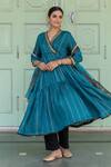 Myaara_Blue Anarkali Chanderi Blend, Dupatta Organza, Pants Tiered Asymmetric Set_Online_at_Aza_Fashions