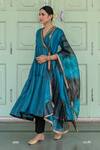 Shop_Myaara_Blue Anarkali Chanderi Blend, Dupatta Organza, Pants Tiered Asymmetric Set_Online_at_Aza_Fashions
