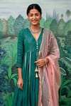 Myaara_Green Kurta Cotton Dobby Pant Cotton Dupatta Organza Anarkali Set _Online_at_Aza_Fashions