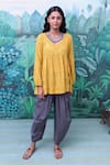 Buy_Myaara_Yellow Cotton Embroidery V Neck Kurta And Dhoti Pant Set _at_Aza_Fashions