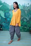 Myaara_Yellow Cotton Embroidery V Neck Kurta And Dhoti Pant Set _Online_at_Aza_Fashions