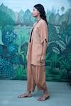 Myaara_Beige Cotton Silk Embroidery Jacket Open Top V-neck And Cowl Pant Set  _Online_at_Aza_Fashions