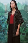 Buy_Myaara_Black Cotton Silk Embroidery Jacket Open Top V-neck And Cowl Pant Set  _Online_at_Aza_Fashions