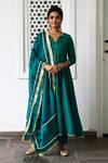 Buy_Myaara_Green Anarkali Cotton Lurex Dupatta Organza Lining Cotton Striped Set _at_Aza_Fashions