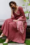 Buy_Myaara_Brown Anarkali Cotton Lurex Dupatta Organza Lining Cotton Angarkha Set _Online_at_Aza_Fashions