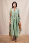 Buy_Myaara_Green Anarkali Cotton Lurex Dupatta Organza Lining Cotton Flared Kurta Set _Online_at_Aza_Fashions