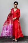 Buy_Myaara_Red Kurta Satin Georgette Dupatta Organza Pant Panelled Angrakha Set _at_Aza_Fashions