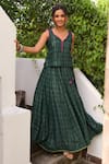 Buy_Myaara_Green Cotton Lurex Embroidery V Neck Handwoven Top And Skirt Set _Online_at_Aza_Fashions