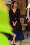 Myaara_Black Cotton Lurex V Neck Striped Handwoven Dress _Online_at_Aza_Fashions