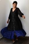 Buy_Myaara_Black Cotton Lurex V Neck Striped Handwoven Dress _Online_at_Aza_Fashions