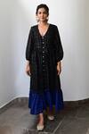Shop_Myaara_Black Cotton Lurex V Neck Striped Handwoven Dress _Online_at_Aza_Fashions