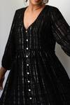 Myaara_Black Cotton Lurex V Neck Striped Handwoven Dress _at_Aza_Fashions