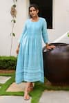 Buy_Myaara_Blue Cotton Lurex Round Pintuck Handwoven Dress _at_Aza_Fashions