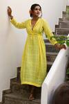 Buy_Myaara_Yellow Cotton Lurex Flap Collar Handwoven Tie-up Dress _at_Aza_Fashions